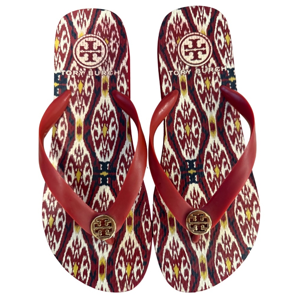 Tory Burch Red and White Ikat Flip Flops